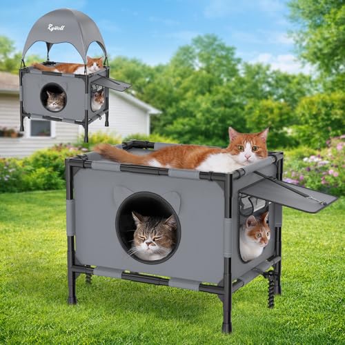 Rywell Outdoor Cat House Elevated 2-Tier Outdoor Cat Shelter with Canopy, Multi-Level Raised Platform, Outside Cat House with Breathable Mesh & Reversible Pad for Multiple Cats