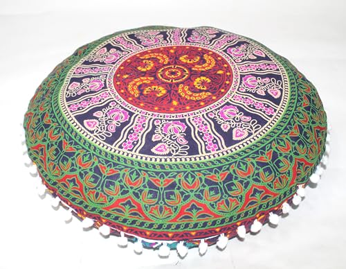 CRAFT KALA 22" Bohemian Floor Pillow Pouf Cover Mandala Boho Large Round Meditation Room Pillow Covers for Adults Seating Poufs Cushion Cover for Kids Playroom Multi 6 Color
