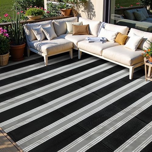 Lahome Striped Outdoor Plastic Straw Rug, Reversible Outdoor Rug Waterproof 9x12 Rugs for Patio, RV Camping Rug Picnic Mat Outside Large Carpet for Beach Deck Backyard Balcony(Black/Grey,9'x 12') - color: Black/Multi, size: 9'x12'