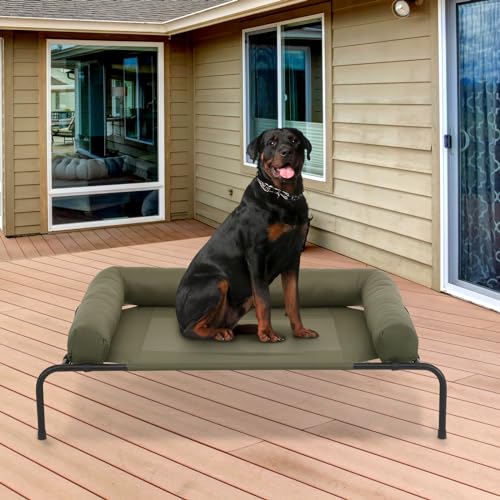 MoNiBloom Outdoor Elevated Dog Bed w/Removable Bolster, Portable Raised Outdoor Dog Bed with Stable Anti-Slip Feet & Breathable Mesh, 55 Inches Length, Dark Green - color: Dark Green, size: 55"L