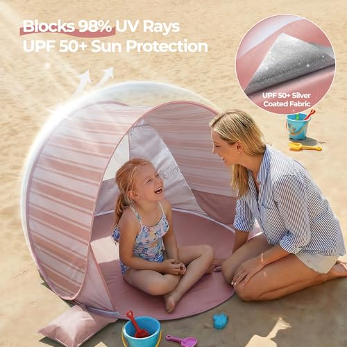 Pop Up Baby Beach Tent - Baby Tent for Beach with UPF 50+ UV Protection, Portable Sun Shade Canopy Summer Beach Essentials Outdoor for Infants (Pink Stripes) - color: Pink Stripes