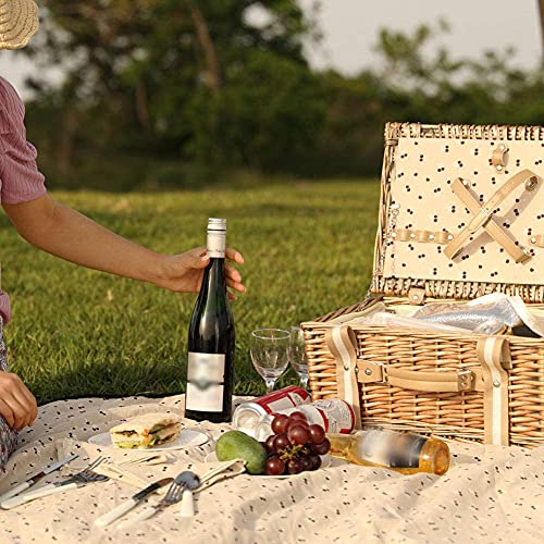 Willow Picnic Basket Set for 2 Persons with Large Insulated Cooler Bag and Waterproof Picnic Blanket, Wicker Picnic Hamper for Camping,Outdoor,Birthday - color: Beige Flower
