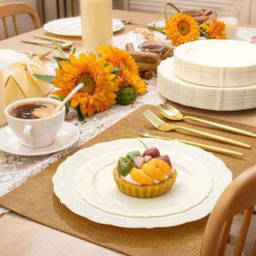 U-QE 100 Pieces Ivory Plastic Plates for Party - Ivory Disposable Plastic Plates - Heavy Duty Disposable Platos Including 50 Dinner 10 '' & 50 Dessert 7.5 '' for Weddings - color: Ivory