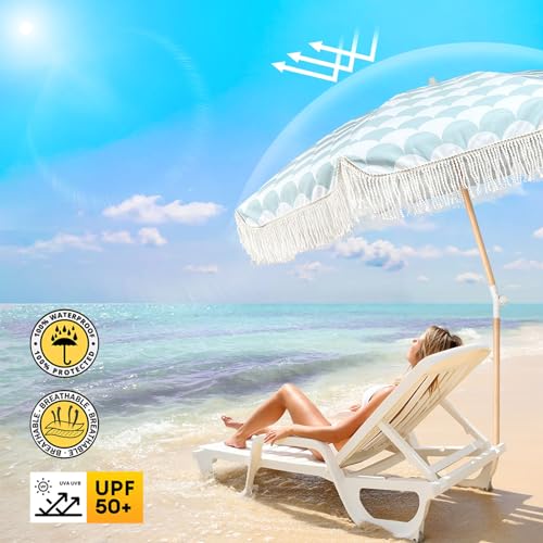 Lefedrasticity Boho Outdoor Umbrella with Tassels,6ft Table Umbrella Outdoor Patio with Knobs Tilt,Wind Resistant Portable Beach Umbrella UPF50+ Fringe Umbrellas For Pool Backyard Deck Garden - color: Green Pattern