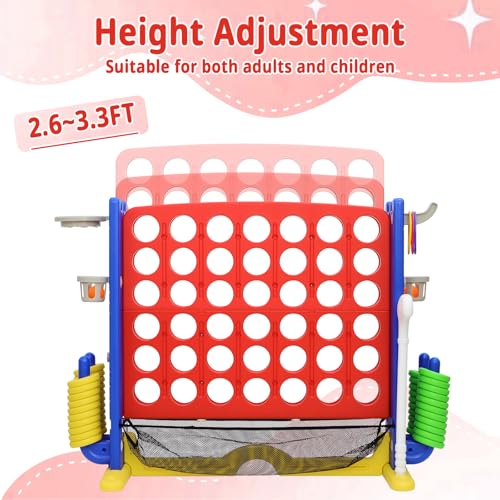 Giant 4-in-A Row Connect Game Set, Height Adjust Jumbo Yard Game for Kids & Adults w/Mesh Catching Bag, Basketball Hoop, Ring Toss & Mini Golf, Family Party 4-to-Score Indoor/Outdoor Games - color: Red Blue