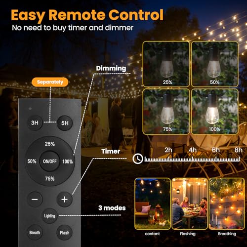 Yusist 104FT(98+6) Solar String Lights Outdoor Waterproof, Solar Powered Patio Light with 30+2 Dimmable S14 Edison Bulbs Shatterproof & Remote Control, Solar String Lights for Outside Garden Backyard - size: 104ft