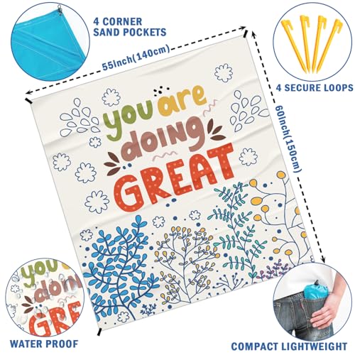 Inspirational Floral Pocket Picnic Blankets, You are Doing Great Mini Beach Camping Blanket Waterproof, Spring Rustic Outdoor Picnic Blanket Mat Gifts for Kids Girls Campsite Travel 55x60in - color: Floral