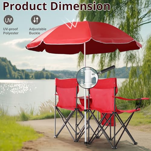 Outvita Folding Double Camping Chair w/Umbrella Beverage Holder Carrying Bag Cooler Fold Up Table, Large Bearing Capacity for Beach Patio Pool Park Outdoor Red - color: Red