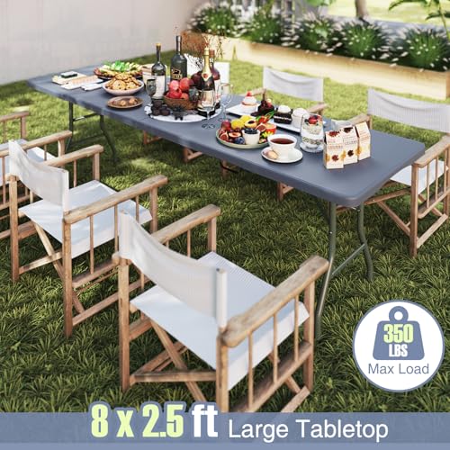 Goplus 8ft Plastic Folding Table, 350 LBS Outdoor Heavy Duty Folding Tables with HDPE Tabletop, Handle, Lock, Foldable Rectangle Portable Utility Card Table for Picnic, Party, Camping, Dining - color: Grey, size: 96.5" x 29" 29.5"