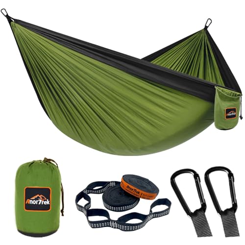 AnorTrek Camping Hammock, Super Lightweight Portable Parachute Hammock with Two Tree Straps Single or Double Nylon Travel Tree Hammocks for Camping Backpacking Hiking - color: Olive Green&black, size: Double 118''L x 78''W