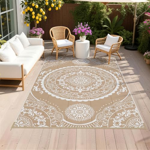 Pauwer Waterproof Outdoor Rug 5x8, Reversible Plastic Straw Patio Camping Rug, Indoor Outdoor RV Mat Carpet for Deck, Camper, Porch, Balcony, Backyard, Picnic, Paisley Brown - color: Paisley Brown, size: 5' x 8' (Rectangular)