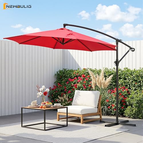 NEWBULIG 10FT Patio Umbrella, Offset Cantilever Outdoor Patio Table Umbrella, UV Protection, Fade Resistant Fabric, Easy Tilt Adjustment for Pool, Deck, Garden, Backyard - color: Bright Red, size: 10FT-Basic