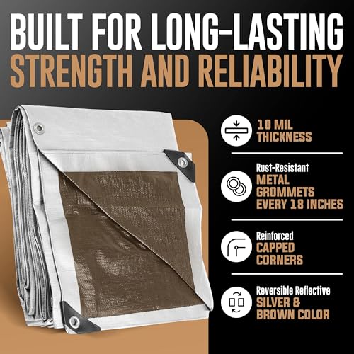 12x16 Heavy Duty Tarp, 10 Mil Thick, High Durability, Tear & Fade Resistant, UV Treated, Grommets Every 18 Inches (12' x '16') - size: 12x16