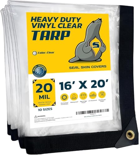 Seal Skin Covers Waterproof Clear Tarp 16x20 FT, 20 Mil 18 OZ 560 GSM Heavy Duty Transparent Vinyl Tarpaulin with Grommets - size: 16' X 20'