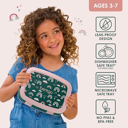Bentgo Kids Prints Leak-Proof, 5-Compartment Bento-Style Kids Lunch Box - Ideal Portion Sizes for Ages 3-7, Durable, Drop-Proof, Dishwasher Safe, & PFAS & BPA-Free Materials (Green Rainbow) - color: Green Rainbow