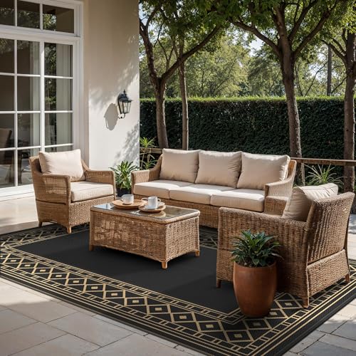 GENIMO Outdoor Rug Waterproof for Patio Decor, 10'x20' Foldable Reversible Plastic Straw Carpet, Outside Area Mat for Rv, Deck, Picnic, Porch, Camper, Balcony, Beach, Black & Brown - color: Black & Brown | Natural, size: 10' x 20' (Rectangular)