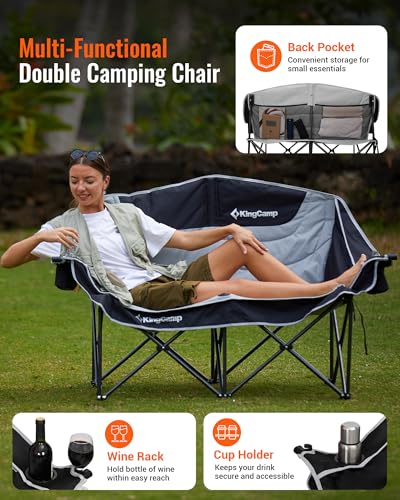 KingCamp Oversized Double Camping Chair, Heavy Duty 880lbs with Padded Seat & Cup Holders, 2 Person Loveseat Perfect for Outdoor Sports Family and Couples, Ideal for Lawn and Backyard, Black/Grey - color: XL 2 Person Black/Grey, size: Loveseat XL