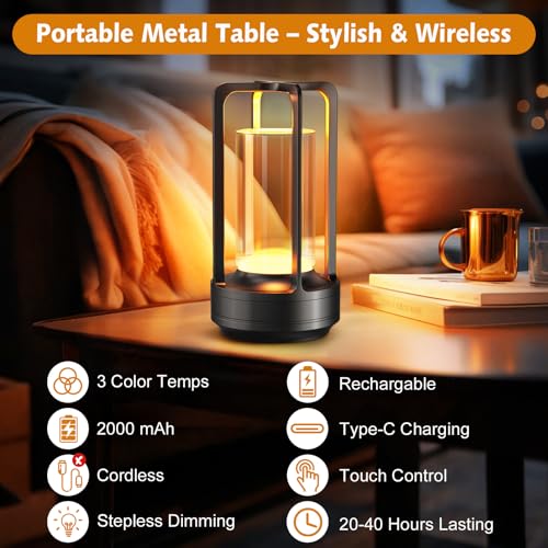 Portable Table Lamp for Outdoor Indoor: Cordless Rechargeable Desk Lamp with 3 Color Stepless Dimmable - Metal Battery Operated Lantern Light for Bedroom/Bar/Coffee Shop/Camping (Black) - color: Black