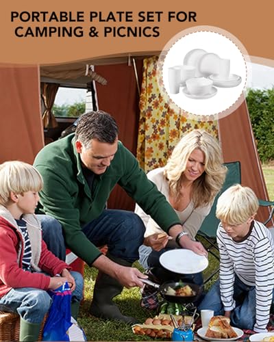 24 Pcs Dinnerware Set- Dinner Plates Set- Picnic & Camping- Unbreakable & Reusable- Includes 4x 9in, 4x 8in Plates, 4x 6in Bowls, 4 Cups, 4 Stainless Steel Forks and Spoons- Kitchen, Dorm, Office - color: White, size: 24PCS