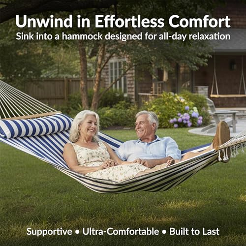 Sunnydaze Quilted Double Hammock for Outside with Spreader Bars and Pillow - 450 lb Capacity, 74x55 Inch Bed, UV Resistant, Quick Dry - Chains Included, Stand Sold Separately - Blue & White Stripe - color: Blue/White Stripe