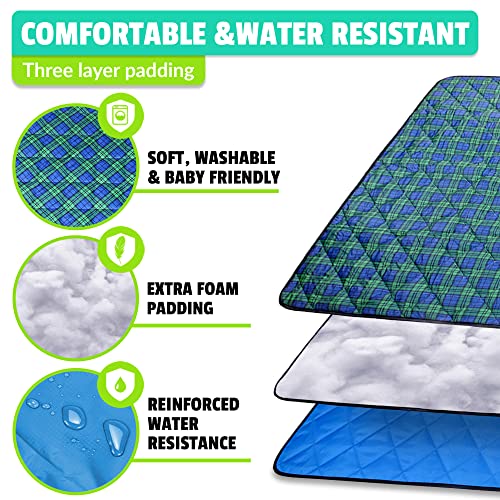 Beach Blanket Sand Proof & Outdoor Picnic Blanket - Water Resistant, Large Mat for Camping or Travel. Washable, Foldable, Easy Carry Compact Tote Bag (Green/Blue Plaid)
