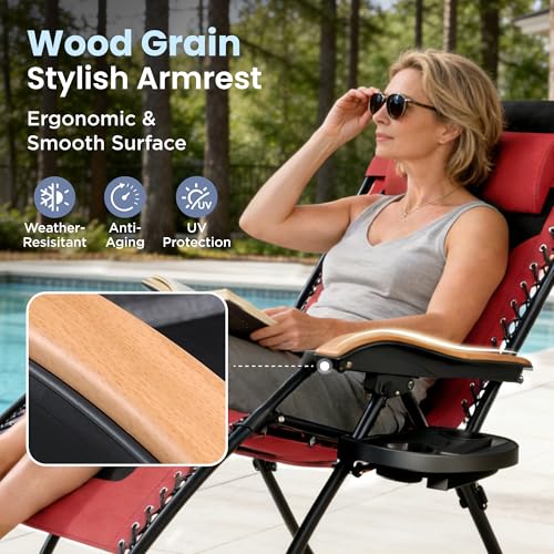 PHI VILLA XXL Oversized Padded Zero Gravity Chair, Foldable Patio Recliner, 30" Wide Seat Anti Gravity Lounger with Cup Holder, Support 400 LBS (Red) - color: Red, style: 1 Pcs