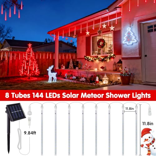 JMEXSUSS Red Solar Christmas Lights Outdoor, 8 Tube 144 LEDs Solar Meteor Shower Rain Lights, Red Twinkle Light for Tree Eaves Fence Christmas Decorations - color: Red, size: 1*144LED