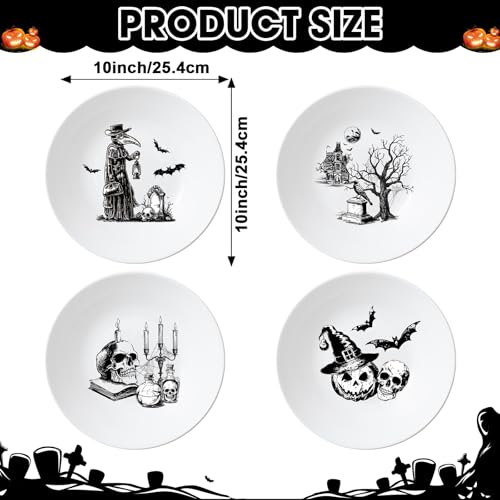 4 Set 10 Inch Halloween Gothic Plates Melamine Halloween Dinnerware Set Reusable Skull Candle Bat Tombstone Crow Melamine Plate Dishwasher for Toddlers Creatively Drop Resistant Cute Plastic Dish - style: Gothic