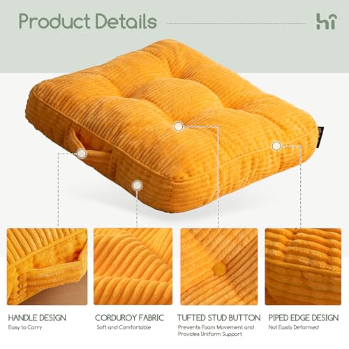 HIGOGOGO Floor Pillow Cushion for Adults, Meditation Cushion Pillow, Large Square Floor Sitting, Tufted Corduroy Cover, for Tatami Living Room or Yoga, 22x22 Inch, 2Pack, Orange - color: Square Orange, size: 4" Thick(Pack of 2)