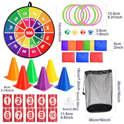 Hungdao 3 Sets Carnival Games Combo Set, Dart Board with Balls Plastic Cones Ring Bean Bags Toss Game for Boys Girls Adults Family Birthday Yard Indoor Outdoor - style: Classic Style