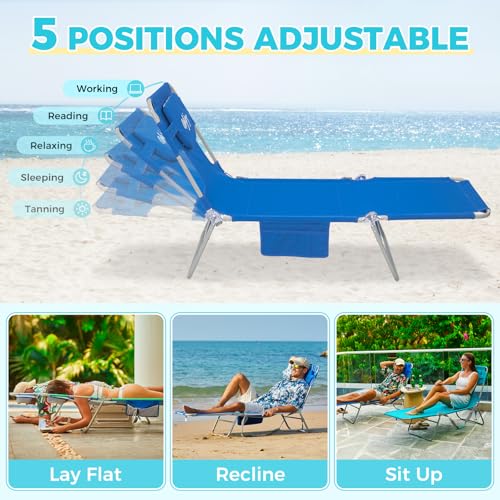 #WEJOY Folding Tanning Chair with Face Hole, 5-Position Face Down Beach Lounge Chair for Sunbathing, Lightweight Portable Outside Recliner with Side Pocket & Shoulder Straps for Pool, Patio, Blue - color: Readease-face Hole Blue, style: ReadEase 5 Positio
