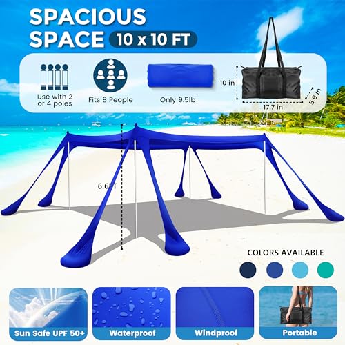 Beach Canopy Beach Tent Pop Up Shade 10x10ft Sun Shelter UPF50+ with 8 Sandbags-2 Sand Shovel-4 Aluminum Poles-Ground Pegs-Portable Carrying Bag for Outdoor Family Camping Fishing Yard Picnic - color: Navy