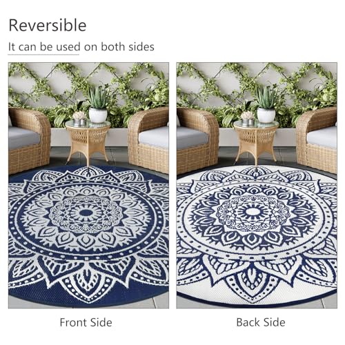 famibay Round Outdoor Rug 8ft Boho Round Patio Rug Waterproof Plastic Outdoor Carpet for Patio All Weather Camping Rugs RV Mats for Outside Lightweight UV-Resistant Outdoor Rugs for Patios(Dark Blue) - color: Dark Blue, size: Round 8ft
