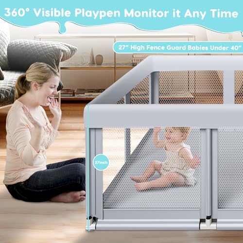 Fshibila 74" ×50" Large Baby Playpen, Baby Playard for Babies and Toddlers, Baby Fence Play Pens for Indoor & Outdoor, Sturdy Safety Play Yard with Soft Breathable Mesh, Anti-Fall, Grey - color: Grey, size: 74 x 50 IN
