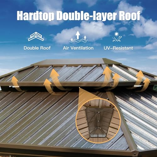 Domi 10' x 12' Hardtop Gazebo, Outdoor Metal Gazebo for Patios with Galvanized Steel Double Roof, Heavy Duty Curtains and Netting Included, Permanent Pergola for Backyard, Garden Lawn, Brown - color: Brown, size: 10'×12' Double Roof