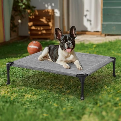 Veehoo Outdoor Elevated Dog Bed for Medium Dogs, Cooling Raised Dog Cots Beds Training Platform Off Ground Hammock with Breathable Mesh, No-Slip Feet, 32"x25", Black Silver - color: Black Silver, size: 32.0"L x 25.0"W x 7.0"Th