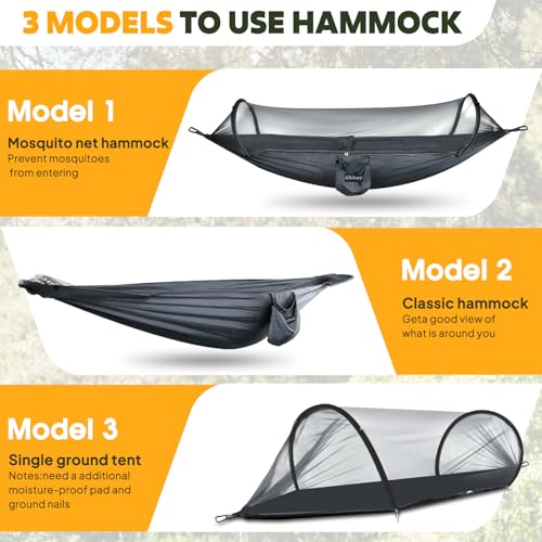 Chihee Ultra-Light Travel Camping Hammock Pop-up Net Hammock 660lbs Load Capacity,Breathable,Quick-Drying Parachute Nylon 2 Premium Carabiners,2 Tree Slings Included for Outdoor Backpacking Hiking - color: Dark Grey