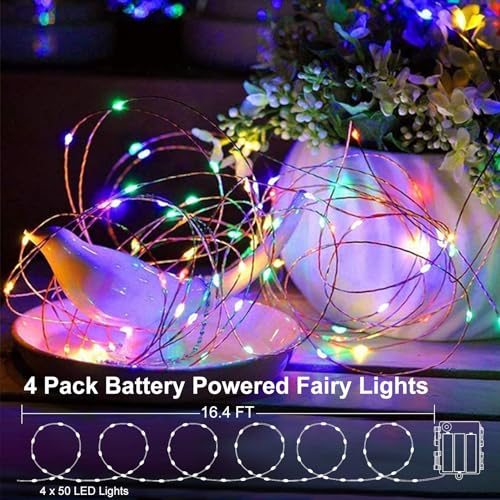 4 Pack Battery Operated Fairy Lights 16.4 Ft 50 LED Christmas Fairy Lights with Auto Timer 8 Modes, Waterproof Silver Wire Battery Twinkle Lights for Wedding Christmas Decor (Multicolor) - color: Multicolor-Silver Wire