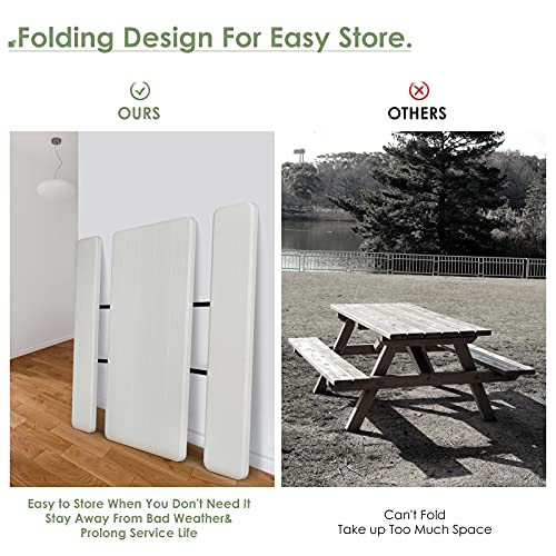 Giantex Folding Picnic Table Bench Set, Outdoor Dining Table Set, Large Camping Table for Patio Deck Lawn Garden Backyard Poolside, Portable Picnic Tables, Weather Resistant Metal Frame, White - color: White