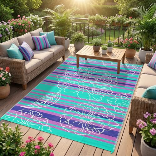 Garvee 5x8 Outdoor Waterproof Rug, Floral Outdoor Area Rug，Reversible Plastic Straw Patio Rug, Portable Camping Mat for RV, Picnic, Beach, Balcony, Garden & Camping Purple&Blue - color: Purpleblue, size: 5' x 8' (Rectangular)