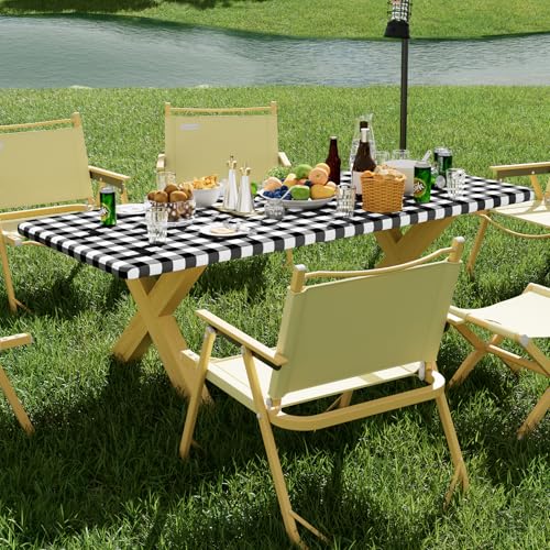 Smiry Picnic Table Cloth 2 Pack, Waterproof Elastic Fitted Tablecloths for 6FT Rectangle Tables, Washable Polyester Buffalo Plaid Tablecloth for Camping, Dining & Outdoor (Black & White, 30" x 72") - color: Black and White, size: 30" x 72"