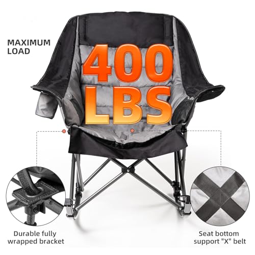 Oversized Rocking Camping Chair for Adults - 400lbs Capacity Padded Camp Chair with Cup Holder, Portable Foldable Outdoor Rocker Chair for Camping, Backyard, Patio (Black & Gray) - color: Black & Gray, size: 1 PCS