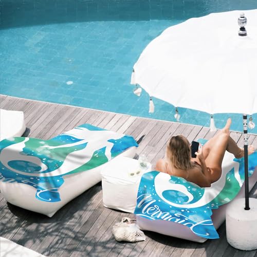 Microfiber Beach Towels,Watercolor Mermaid on Blue Green Sea Water Oversized Absorbent Bath Towels,Soft Quick Dry Thin Camping Towel for Adults Women Men,29.5"×59" - color: Watercolor Mermaid on Blue Green Sea Water