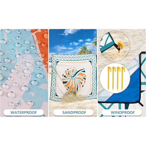 HIHOHO Beach Blanket Waterproof Sandproof Extra Large Beach Mat 79" X 83"/120"x108"for 1-8 Adults Quick Drying Durable Outdoor Picnic Mat for Beach Travel Camping Hiking - color: Colorful Round Shell - Lace Pattern, size: 79" X 83"（1~3 person）