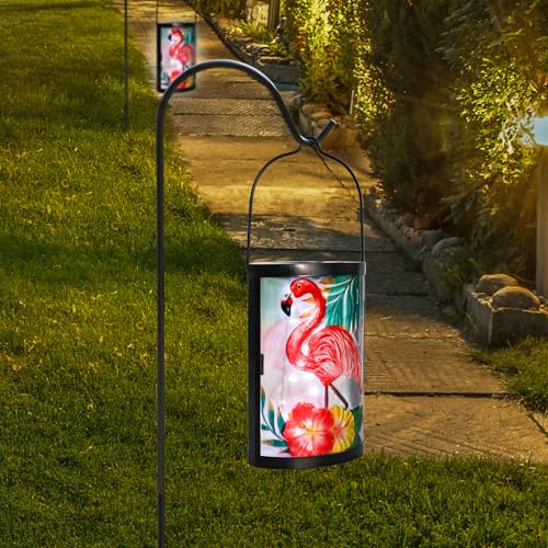 Hanging Solar Lantern Outdoor Waterproof Flamingo Solar Lights Glass Tabletop Decorative Lamp for Outdoor Patio Garden Outside Yard Decor - style: Flamingo