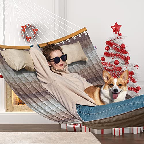 Double Hammock, 11 FT Quilted Fabric 2 Person Hammock for Outside with Pillow, Folding Curved Spreader Bar, Chains, Carrying Bag, Indoor Outdoor, 450 IB Capacity, Aqua Green - color: Aqua Green