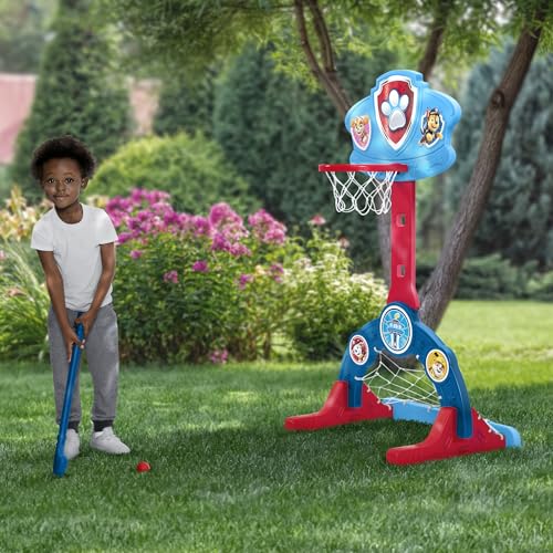 Delta Children PAW Patrol 4-in-1 Sports Center – Adjustable Easy Score Basketball Hoop, Soccer/Hockey Net and Golf Game, Blue - color: Paw Patrol