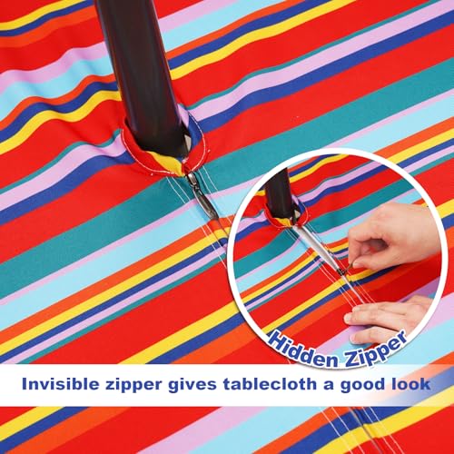 SquarePie Round Outdoor Tablecloth with Umbrella Hole and Zipper Patio Waterproof Table Cloth Cover for Camping Picnic BBQs Backyard,60 Inch Color Stripe - color: Color Stripe, size: 60" (Round)