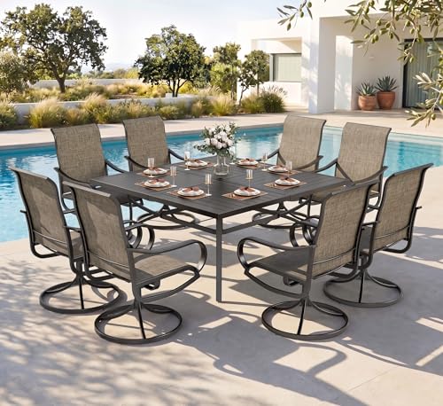 PHI VILLA 9 Pcs Patio Dining Set with Large Square Metal Dining Table & 8 Outdoor Textilene Fabric Swivel Dining Chairs, Outside Table Chair Furniture Dining Set for 8 Person - color: Brown Fabric, size: 60"L x 60"W x 29"H-9 Piece-Metal