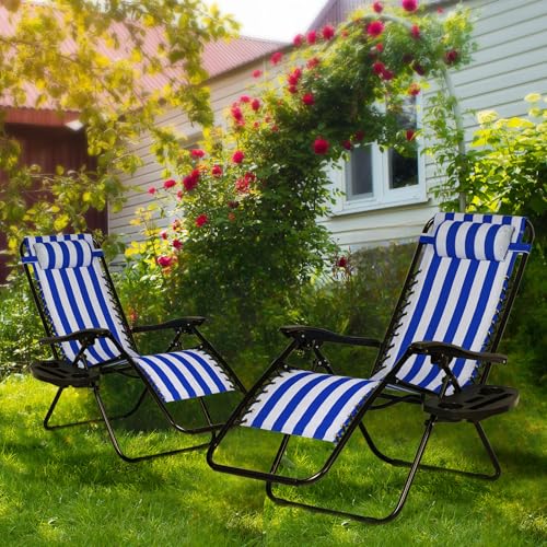 Nazhura Set of 2 Relaxing Recliners Patio Chairs Adjustable Steel Mesh Zero Gravity Lounge Chair Beach Chairs with Pillow and Cup Holder (Navy Blue Stripe) - color: Navy Blue Stripe